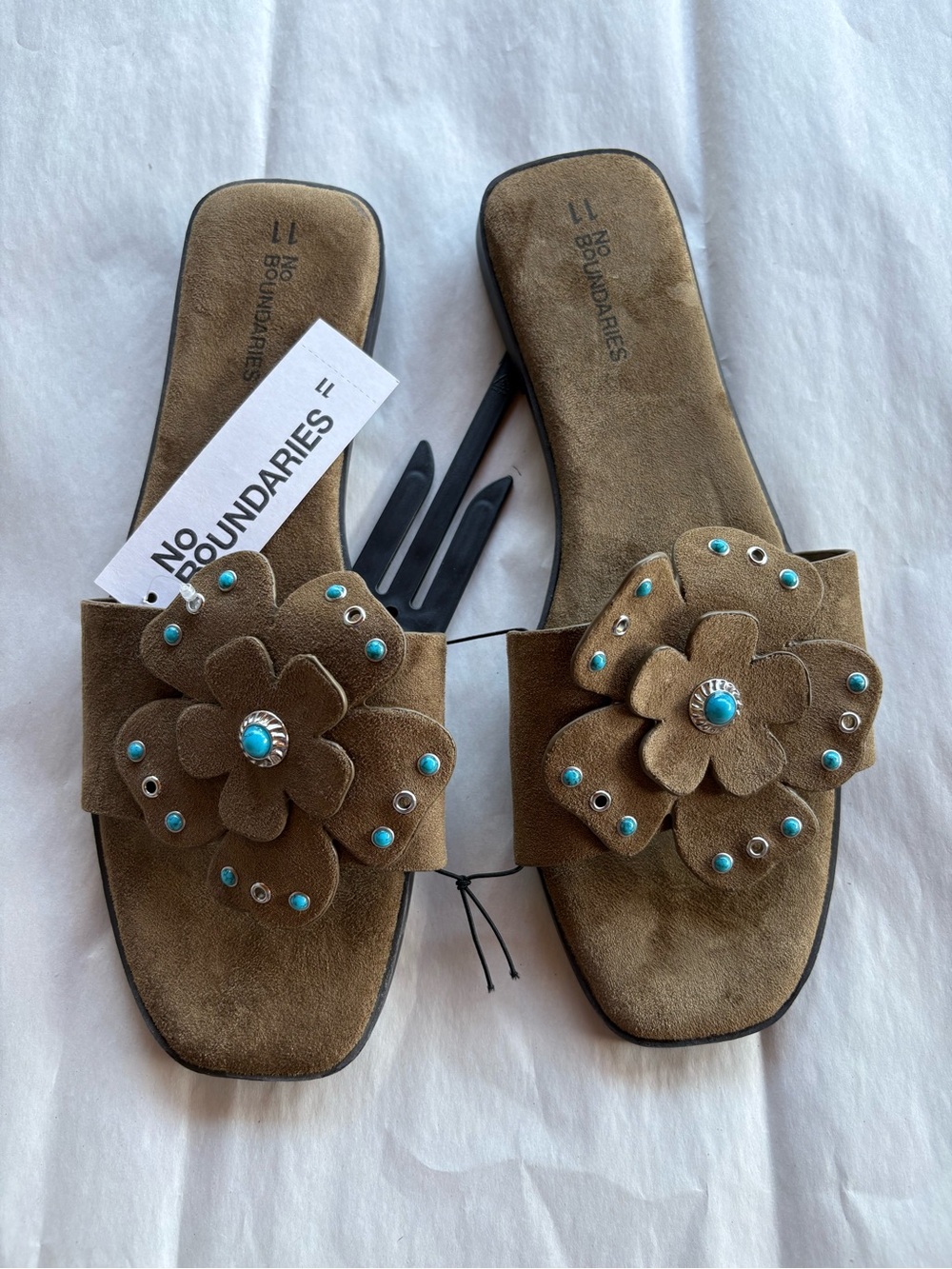 No Boundaries Brown Suede Floral Slide Sandals with Turquoise Studs